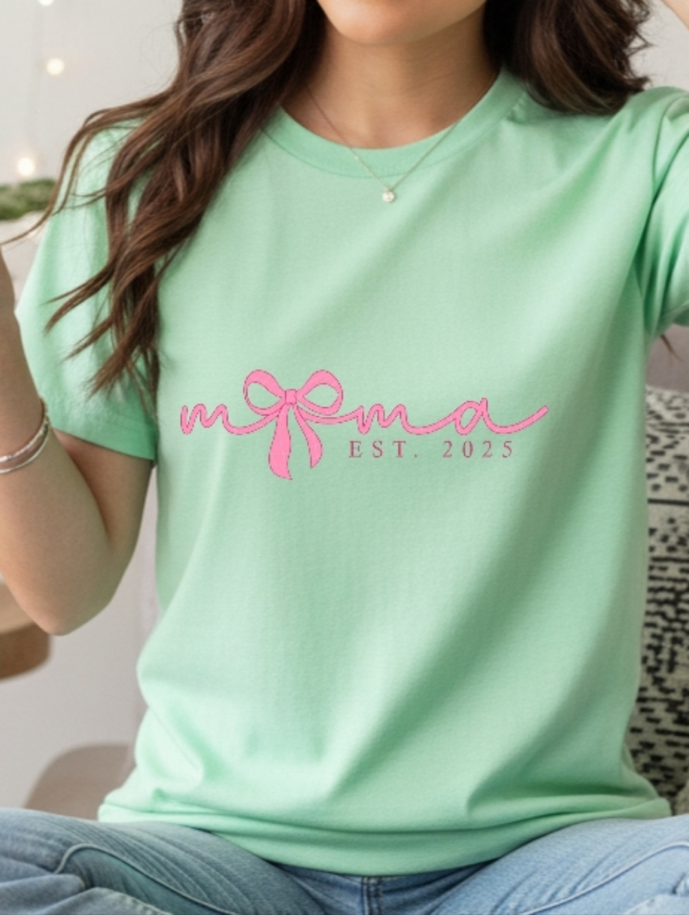Gildan Mint Tee with Pink 'mama' Bow Logo